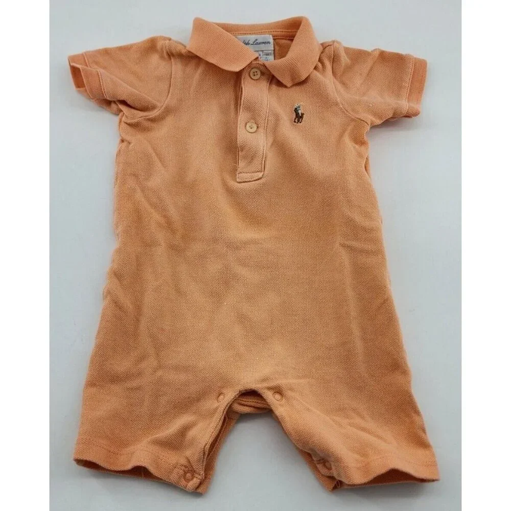 Ralph Lauren Orange Short‎ Sleeve Pony Logo Polo Romper One Piece Baby Size 6M